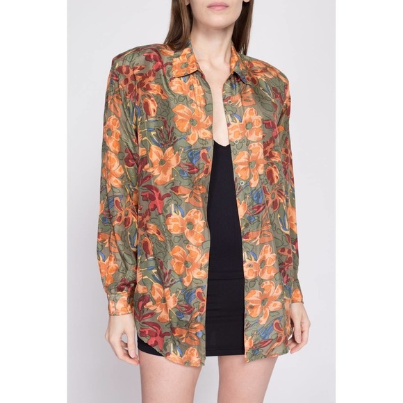 90s Silk Earth Tone Floral Blouse - Medium | Vintage‎ Button Up Secretary Top - Picture 2 of 8
